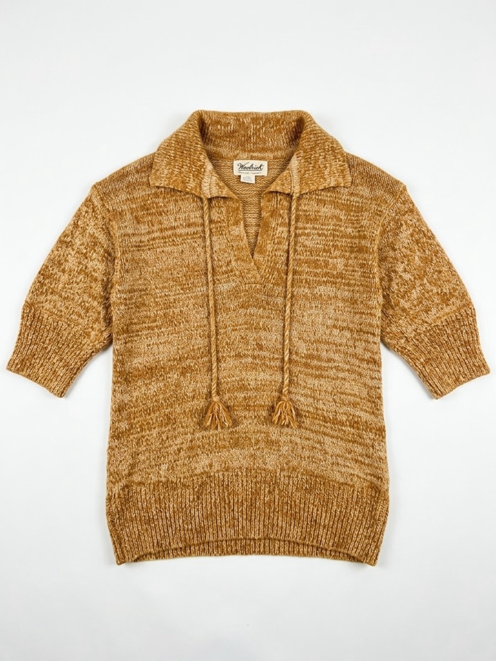 Anthropologie Marled Camel V-Neck Polo Sweater with Tassel Ties